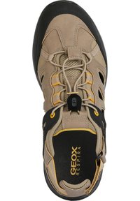 Zapato de senderismo beige y negro con paneles de malla y acentos amarillos. Presenta una puntera redondeada, suela de goma texturizada y diseño de cordones.