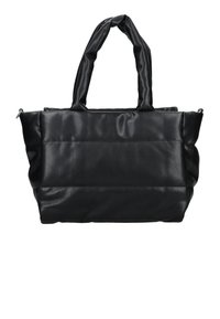 Černá taška přes rameno vyrobená z hladkého, lesklého materiálu. Obsahuje dva krátké popruhy a polstrovanou, prošívanou texturu s kontrastními sekcemi.