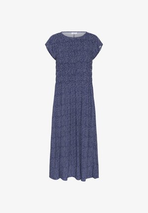 Tumed sinine kleit lühikeste varrukatega, kogutud vöökoht ja hajus valgete täppide muster. Langeb põlvepikkuse seeliku suunas. Kerge kangas.