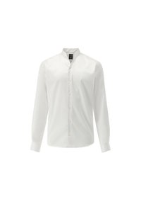 Camicia bianca a maniche lunghe con colletto a band, caratterizzata da una patta con bottoni e un tessuto liscio. Design semplice senza motivi o accenti.