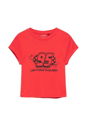 Červené detské tričko s krátkym rukávom s textom "95 Lightning McQueen" a grafikou šachovnicového kruhu na prednej strane.