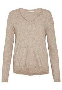 Beige V-hals tröja gjord av mjukt tyg. Har långa ärmar och ribbad nederkant med en något rundad silhuett. Texturen verkar slät.