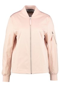 Bomber jacket rosa chiaro in tessuto morbido, con zip frontale, polsini a costine e tasca con zip sulla manica.