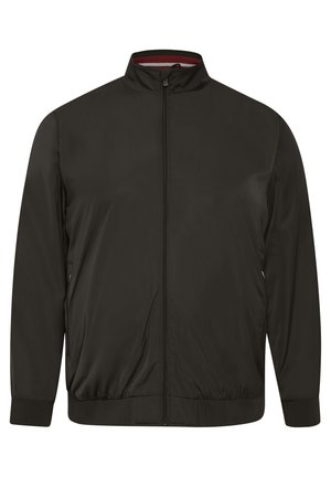 Veste légère noire avec fermeture éclair sur le devant, col montant, poignets et taille élastiques. Texture lisse sans motifs visibles ni détails en matériel.