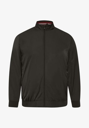 Black lightweight jacket with a zip front, stand-up collar, elastic cuffs, and waistband. Smooth texture with no visible patterns or hardware details.