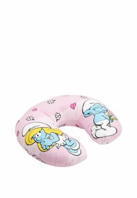 Cuscino da collo a forma di U, in tessuto rosa con personaggi dei Puffi, motivi floreali e cuori, texture morbida e design giocoso.