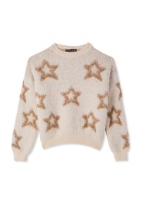 Maglione beige lavorato a maglia con una texture soffice, caratterizzato da grandi stelle marroni, scollo rotondo e polsini e orlo a coste.