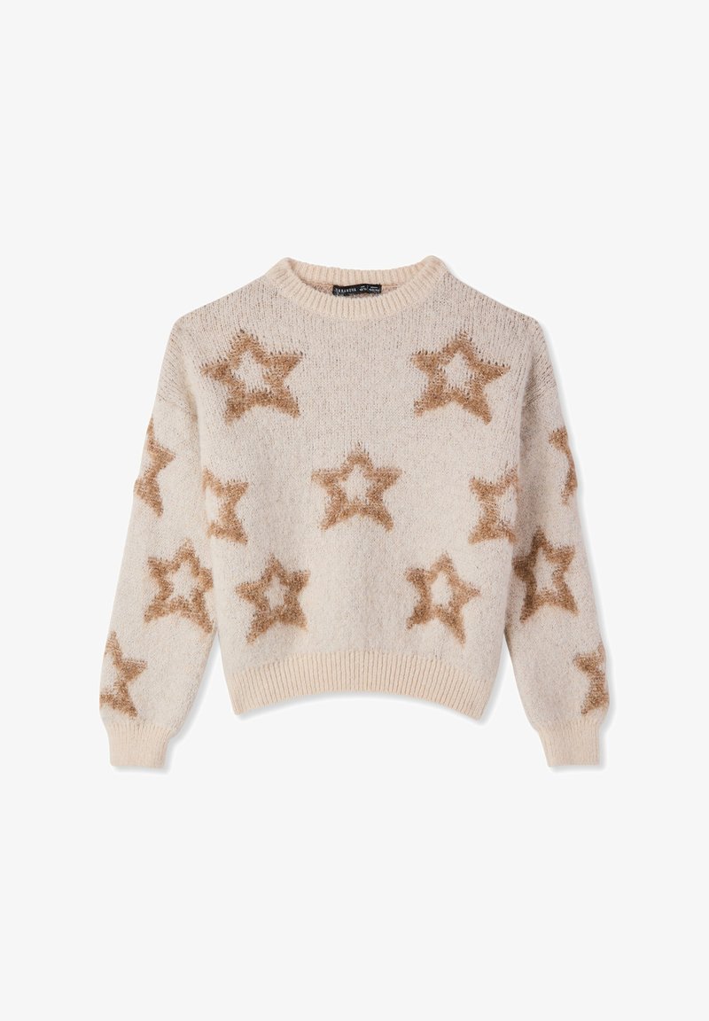 Maglione beige lavorato a maglia con una texture soffice, caratterizzato da grandi stelle marroni, scollo rotondo e polsini e orlo a coste.