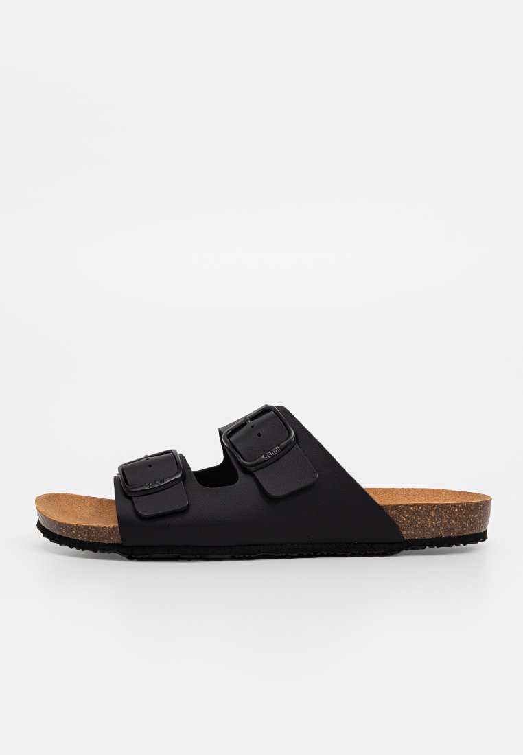 Schwarze Sandale mit zwei Riemen aus synthetischem Material, mit Korkfußbett und strukturiertem Profil. Verfügt über zwei verstellbare Schnallen für einen optimalen Sitz.