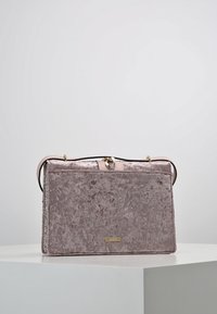 Borsa in velluto di un rosa tenue con una forma rettangolare strutturata, dettagli in oro e una tracolla removibile. Superficie texturizzata notevole.
