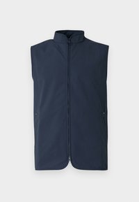 Μπλε ναυτικό αμάνικο γιλέκο από ελαφρύ ύφασμα, με ψηλό γιακά, μπροστινό φερμουάρ και πλαϊνές τσέπες με κλείσιμο με πατ. 