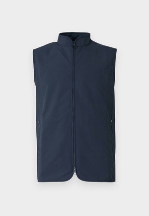 Tmavě modrá vesta bez rukávů z lehké látky, s vysokým límcem, předním zipem a bočními kapsami na cvočky.