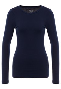 Navyblaues, langärmliges, figurbetontes Damenhemd mit Rundhalsausschnitt, aus weicher Baumwollqualität hergestellt.