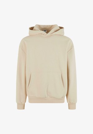 Sudadera beige hecha de un tejido suave, con un bolsillo frontal, puños acanalados y capucha con cordón. Textura suave con un diseño de corte relajado.