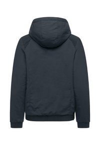 Veste bleu marine avec capuche, poignets et ourlet côtelés, panneaux d'épaule texturés et tissu lisse. La vue de dos met en avant le design minimaliste.