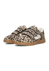 Sneaker con stampa leopardo, dotate di tre cinturini a strappo, con dettagli bianchi, toni beige e marrone, e suola in gomma texturizzata.