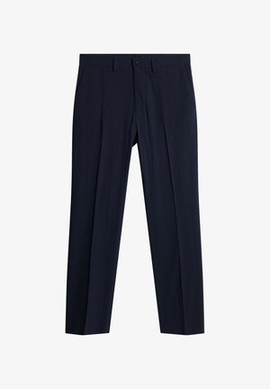 Pantalon bleu marine en tissu texturé, avec une coupe droite, des poches avant et une fermeture à bouton unique.
