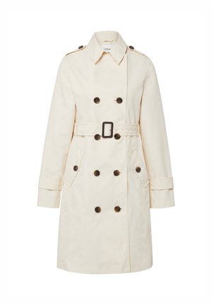 Doppelreihiger Trenchcoat in Cremefarbe mit dunklen Knöpfen, tailliertem Gürtel, Taschen und Schulterklappen.