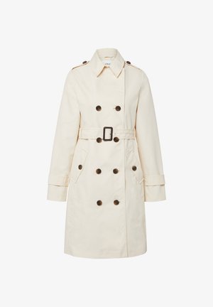 Doppelreihiger Trenchcoat in Cremefarbe mit dunklen Knöpfen, tailliertem Gürtel, Taschen und Schulterklappen.