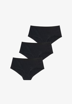 Ensemble de trois sous-vêtements hipster en coton noir, avec une texture lisse, une ceinture élastique et un design couvrant les cuisses.