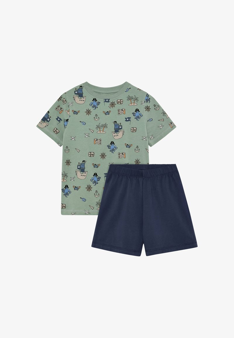 Chemise verte à manches courtes avec imprimé sur le thème des pirates et short bleu marine uni avec taille élastique, tenue décontractée d'été pour enfants.