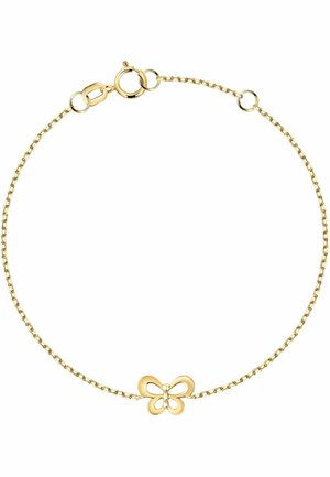 Goldkette mit einem Schmetterlingsdesign, das ausgestanzte Details und einen zentralen Stein aufweist. Verschluss mit Karabiner, durchgehend glatte Textur.