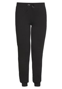Svarte joggebukser laget av bomullsblanding, med justerbar snøring i midjen og ribbede mansjetter. Enkelt design uten mønstre.