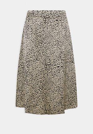 Czarna i beżowa spódnica do kolan w zwierzęcy wzór, o prostej sylwetce i dopasowanym pasie.