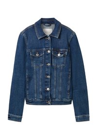 Modrá džínová bunda s límečkem, zapínáním na knoflíky vpředu, dvěma kapsami na prsou a kontrastním prošíváním. Klasický střih a design.