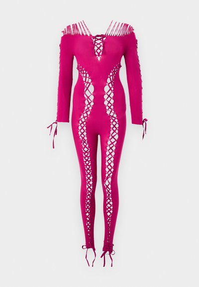 Fuchsia jumpsuit with long sleeves, featuring off-shoulder design, lace-up front, and crisscross cutouts along the sides and legs.