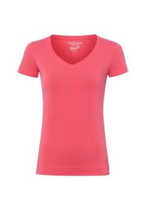 Korallenrosa kurzärmeliges Slim-Fit-Baumwoll-T-Shirt mit V-Ausschnitt, in Größe Small, vor weißem Hintergrund dargestellt.