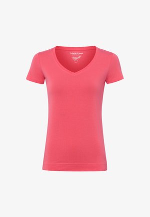 Korally różowa, dopasowana, bawełniana koszulka z krótkim rękawem i dekoltem w serek, oznaczona rozmiarem małym, prezentowana na białym tle.