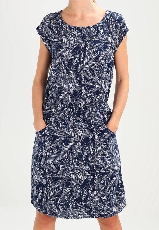 Robe bleu marine à motif de feuilles, manches courtes et deux poches latérales. Fabriquée en tissu doux avec une coupe décontractée.