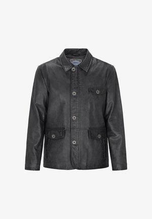 Mustat nahkatakki, jossa on kaulus, edessä nappisuljenta, kaksi alempaa päällyspocketia ja yksi rintapocket. Sujuva tekstuuri ja istuva muoto.