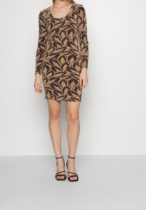Black dress with long sleeves, scoop neckline, and a gold leaf pattern. Below knee length, fitted design, paired with black strappy heels.