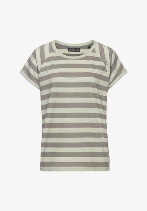 T-shirt à manches courtes rayé vert clair et marron, en coton doux. Il présente un col rond et un marquage discret sur l'épaule.