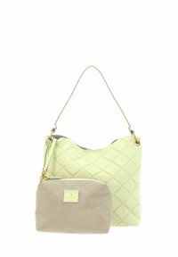 Quilted light green leather handbag with a rounded shape and a detachable beige pouch featuring a textured pattern and logo accent.