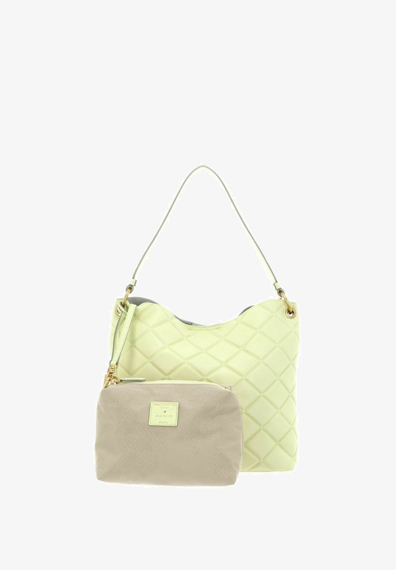 Quilted light green leather handbag with a rounded shape and a detachable beige pouch featuring a textured pattern and logo accent.