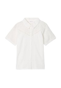 Chemise blanche à manches courtes avec un corps texturé, des motifs de broderie en œillet sur les épaules et un col pointu. Se ferme avec des boutons à l'avant.