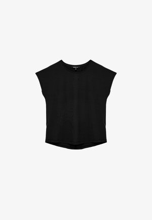 Top corto nero realizzato in tessuto morbido, con maniche a cappuccio, scollatura rotonda e un orlo leggermente curvo. Texture liscia senza motivi visibili.
