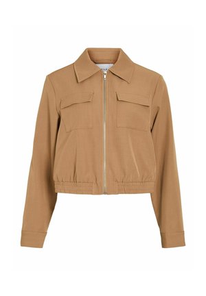 Afgeknipte beige jas gemaakt van gladde stof, voorzien van een rits aan de voorkant, twee borstzakken en een elastische zoom en manchetten.