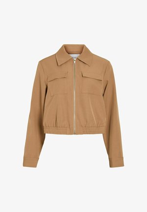 Skracena smeđa jakna od glatkog materijala, s prednjim patent zatvaračem, dva džepa na prsima te elastičnim rubom i manžetama.