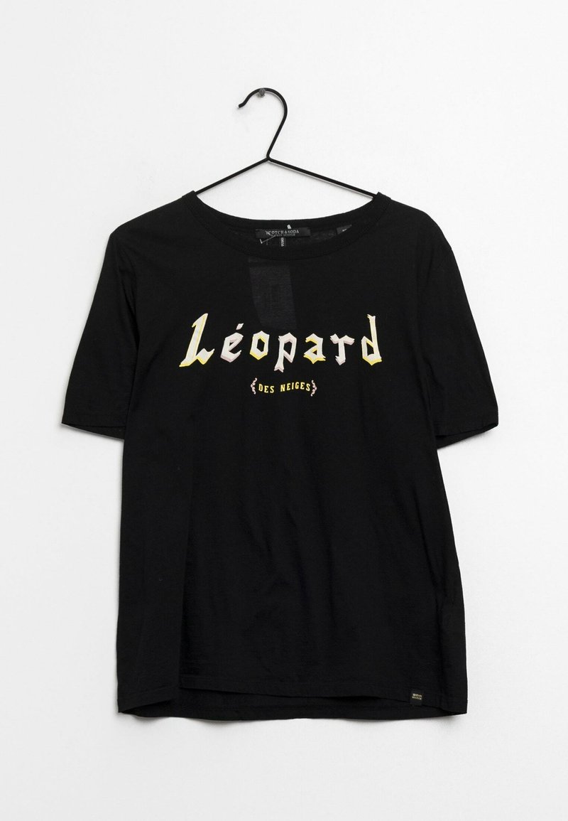 Camiseta de algodón negra con mangas cortas y cuello redondo, con el texto "Léopard des neiges" en letras estilizadas y multicolores.