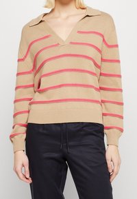 Beżowy sweter dzianinowy z dekoltem w kształcie litery V i kołnierzykiem, z różowymi poziomymi paskami. Rękawy i dół są ściągane. Zestawiony z ciemnymi spodniami.