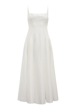 Λευκό midi φόρεμα χωρίς μανίκια με τετράγωνη λαιμόκοψη και εφαρμοστή μπούστα που ανοίγει σε πλισέ φούστα τύπου A-line.