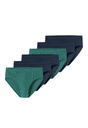 Zes herenslips in afwisselend groen en marineblauw, getoond in een verspringende rij op een witte achtergrond.