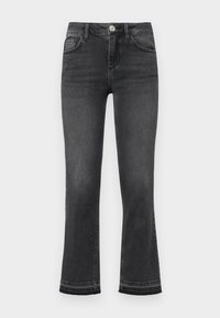 Svævejeans i mørkegrå denim med en falmet tekstur, der har en frontknap, lynlås samt fem lommer.