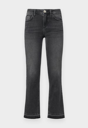 Flared jeans in dark gray denim with a faded texture, featuring a front button, zip fly, and five-pocket design.