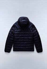 Czarna pikowana kurtka puchowa z kapturem, długimi rękawami i poziomymi przeszyciami, wyeksponowana na płasko, ukazująca tył.