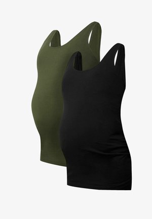Two maternity tank tops in olive green and black. Made of soft cotton, featuring a fitted design with wide shoulder straps and a smooth texture.